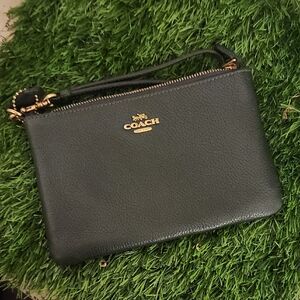 Coach Dark Green Leather Clutch with Gold-Tone Logo